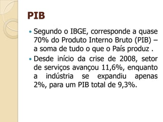 PIB
 Segundo o IBGE, corresponde a quase
70% do Produto Interno Bruto (PIB) –
a soma de tudo o que o País produz .
 Desde início da crise de 2008, setor
de serviços avançou 11,6%, enquanto
a indústria se expandiu apenas
2%, para um PIB total de 9,3%.
 