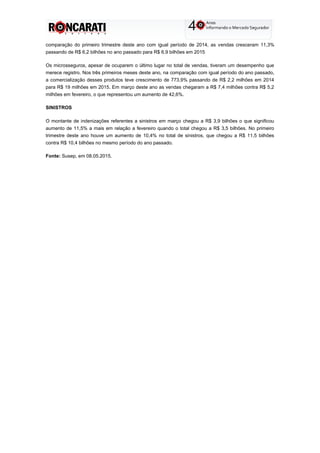 comparação do primeiro trimestre deste ano com igual período de 2014, as vendas cresceram 11,3%
passando de R$ 6,2 bilhões no ano passado para R$ 6,9 bilhões em 2015
Os microsseguros, apesar de ocuparem o último lugar no total de vendas, tiveram um desempenho que
merece registro. Nos três primeiros meses deste ano, na comparação com igual período do ano passado,
a comercialização desses produtos teve crescimento de 773,9% passando de R$ 2,2 milhões em 2014
para R$ 19 milhões em 2015. Em março deste ano as vendas chegaram a R$ 7,4 milhões contra R$ 5,2
milhões em fevereiro, o que representou um aumento de 42,6%.
SINISTROS
O montante de indenizações referentes a sinistros em março chegou a R$ 3,9 bilhões o que significou
aumento de 11,5% a mais em relação a fevereiro quando o total chegou a R$ 3,5 bilhões. No primeiro
trimestre deste ano houve um aumento de 10,4% no total de sinistros, que chegou a R$ 11,5 bilhões
contra R$ 10,4 bilhões no mesmo período do ano passado.
Fonte: Susep, em 08.05.2015.
 