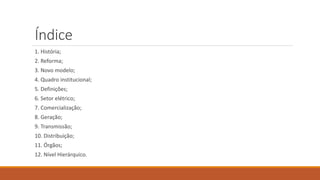Índice
1. História;
2. Reforma;
3. Novo modelo;
4. Quadro institucional;
5. Definições;
6. Setor elétrico;
7. Comercialização;
8. Geração;
9. Transmissão;
10. Distribuição;
11. Órgãos;
12. Nível Hierárquico.
 