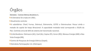 Órgãos
Eletrobrás – Centrais Elétricas Brasileiras S.A
❖A Eletrobrás foi criada em 1962 ;
❖Atualmente controla:
❖6 subsidiárias: Chesf, Furnas, Eletrosul, Eletronorte, CGTEE e Eletronuclear. Possui ainda a
metade do capital de Itaipu Binacional. A capacidade instalada total corresponde a 39,6% do
País. Controla cerca de 66% do sistema de transmissão nacional;
❖6 distribuidoras: Eletroacre (AC), Ceal (AL), Cepisa (PI), Ceron (RO), Manaus Energia (AM) e Boa
Vista Energia (RR);
❖Centro de Pesquisas de Energia Elétrica (Cepel);
❖Eletrobrás Participações S.A. (Eletropar).
 
