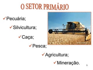 ✓Pecuária;
✓Silvicultura;
✓Caça;
✓Pesca;
✓Agricultura;
✓Mineração. 5
 
