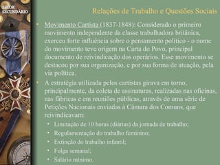 Relações de Trabalho e Questões Sociais
• Movimento Cartista (1837-1848): Considerado o primeiro
  movimento independente da classe trabalhadora britânica,
  exerceu forte influência sobre o pensamento político - o nome
  do movimento teve origem na Carta do Povo, principal
  documento de reivindicação dos operários. Esse movimento se
  destacou por sua organização, e por sua forma de atuação, pela
  via política.
• A estratégia utilizada pelos cartistas girava em torno,
  principalmente, da coleta de assinaturas, realizadas nas oficinas,
  nas fábricas e em reuniões públicas, através de uma série de
  Petições Nacionais enviadas à Câmara dos Comuns, que
  reivindicavam:
    •   Limitação de 10 horas (diárias) da jornada de trabalho;
    •   Regulamentação do trabalho feminino;
    •   Extinção do trabalho infantil;
    •   Folga semanal;
    •   Salário mínimo.
 