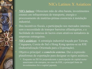 NICs Latinos X Asiaticos
• NICs latinos: Ofereciam mão de obra barata, investimentos
  estatais em infraestrutura de transporte, energia e
  processamento de matérias-primas essenciais à instalação
  industrial.
• Dos incentivos fiscais, a participação nos mercados internos,
  sem a necessidade de transpor barreiras alfandegárias, e a
  facilidade de remessa de lucros eram atrativos tentadores às
  empresas estrangeiras.
• NICs asiáticos: A estratégia industrial traçada por Taiwan,
  Cingapura, Coreia do Sul e Hong Kong apoiou-se na IOE
  (Industrialização Orientada para a Exportação).
• Objetivo principal: o comércio externo. Daí a expressão
  plataformas de exportação para designar os tigres asiáticos.
   • Enquanto na ISI foi preponderante a participação do capital norte-
     americano e do europeu, no caso da IOE, a principal fonte de
     investimentos foi o capital japonês.
 
