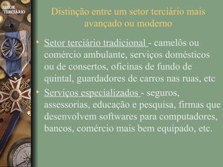 Distinção entre um setor terciário mais
           avançado ou moderno
• Setor terciário tradicional - camelôs ou
  comércio ambulante, serviços domésticos
  ou de consertos, oficinas de fundo de
  quintal, guardadores de carros nas ruas, etc
• Serviços especializados - seguros,
  assessorias, educação e pesquisa, firmas que
  desenvolvem softwares para computadores,
  bancos, comércio mais bem equipado, etc.
 