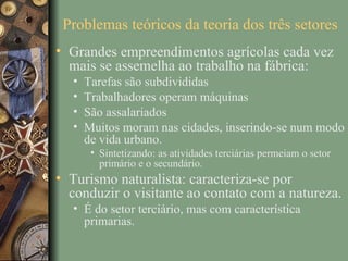 Problemas teóricos da teoria dos três setores
• Grandes empreendimentos agrícolas cada vez
  mais se assemelha ao trabalho na fábrica:
  •   Tarefas são subdivididas
  •   Trabalhadores operam máquinas
  •   São assalariados
  •   Muitos moram nas cidades, inserindo-se num modo
      de vida urbano.
       • Sintetizando: as atividades terciárias permeiam o setor
         primário e o secundário.
• Turismo naturalista: caracteriza-se por
  conduzir o visitante ao contato com a natureza.
  • É do setor terciário, mas com característica
    primarias.
 