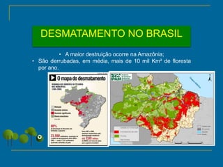 DESMATAMENTO NO BRASIL
• A maior destruição ocorre na Amazônia;
• São derrubadas, em média, mais de 10 mil Km² de floresta
por ano.
 