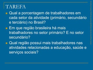 ParteintegrantedaobraGeografiahomem&espaço,EditoraSaraiva
TAREFA
 Qual a porcentagem de trabalhadores em
cada setor da atividade (primário, secundário
e terciário) no Brasil?
 Em que região brasileira há mais
trabalhadores no setor primário? E no setor
secundário?
 Qual região possui mais trabalhadores nas
atividades relacionadas a educação, saúde e
serviços sociais?
 