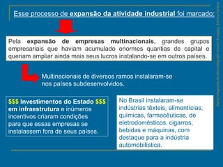 ParteintegrantedaobraGeografiahomem&espaço,EditoraSaraiva
Esse processo de expansão da atividade industrial foi marcado:
Pela expansão de empresas multinacionais, grandes grupos
empresariais que haviam acumulado enormes quantias de capital e
queriam ampliar ainda mais seus lucros instalando-se em outros países.
Multinacionais de diversos ramos instalaram-se
nos países subdesenvolvidos.
$$$ Investimentos do Estado $$$
em infraestrutura e inúmeros
incentivos criaram condições
para que essas empresas se
instalassem fora de seus países.
No Brasil instalaram-se
indústrias têxteis, alimentícias,
químicas, farmacêuticas, de
eletrodomésticos, cigarros,
bebidas e máquinas, com
destaque para a indústria
automobilística.
 