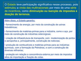 ParteintegrantedaobraGeografiahomem&espaço,EditoraSaraiva
O Estado teve participação significativa nesse processo, pois
estimulou a vinda das multinacionais por meio de uma série
de incentivos, como diminuição ou isenção de impostos e
doação de terrenos.
Além disso, o Estado garantiu:
• fornecimento de energia, por meio da construção de usinas
hidrelétricas;
• fornecimento de matérias-primas para a indústria, como o aço, por
meio de construção de indústrias siderúrgicas;
• criação de infraestrutura de transporte, com modernização de portos
e aeroportos e, principalmente, construção de rodovias;
• produção de combustíveis e matérias-primas para as indústrias
químicas, com a formação da Petrobras, e com a construção de
diversas refinarias;
• proteção em relação a concorrência externa por meio de impostos
altos de importação e fixação de cotas.
 