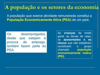 ParteintegrantedaobraGeografiahomem&espaço,EditoraSaraiva
A população e os setores da economia
A população que exerce atividade remunerada constitui a
População Economicamente Ativa (PEA) de um país.
Os desempregados,
desde que estejam à
procura de emprego,
também fazem parte da
PEA.
As crianças de modo
geral, as donas de casa,
os aposentados e os
idosos que não trabalham
constituem o grupo
chamado população
economicamente inativa
(PEI).
 