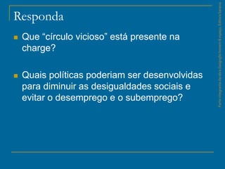 Responda
 Que “círculo vicioso” está presente na
charge?
 Quais políticas poderiam ser desenvolvidas
para diminuir as desigualdades sociais e
evitar o desemprego e o subemprego?
ParteintegrantedaobraGeografiahomem&espaço,EditoraSaraiva
 