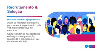 Atração de Talentos – Agregar Pessoas
Atrair os melhores candidatos
para tornar à organização cada
vez mais competitiva no
mercado;
Compreender às necessidades
e desejos da organização,
realizando o processo de R&S
com maior eficácia.
4
 