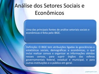 Análise dos Setores Sociais e
Econômicos
Uma das principais fontes de análise setoriais sociais e
econômicas é feita pelo IBGE.
Definição: O IBGE tem atribuições ligadas às geociências e
estatísticas sociais, demográficas e econômicas, o que
inclui realizar censos e organizar as informações obtidas
nesses censos, para suprir órgãos das esferas
governamentais federal, estadual e municipal, e para
outras instituições e o público em geral.
 