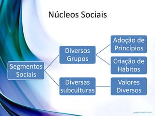 Núcleos Sociais
Segmentos
Sociais
Diversos
Grupos
Adoção de
Princípios
Criação de
Hábitos
Diversas
subculturas
Valores
Diversos
 