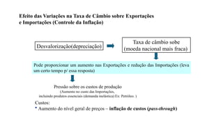 9
Desvalorização(depreciação)
Taxa de câmbio sobe
(moeda nacional mais fraca)
Pode proporcionar um aumento nas Exportações e redução das Importações (leva
um certo tempo p/ essa resposta)
Pressão sobre os custos de produção
(Aumento no custo das Importações,
incluindo produtos essenciais (demanda inelástica) Ex: Petróleo. )
Efeito das Variações na Taxa de Câmbio sobre Exportações
e Importações (Controle da Inflação)
Custos:
• Aumento do nível geral de preços – inflação de custos (pass-through)
 