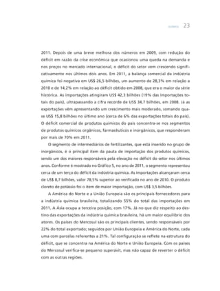 Química 23
2011. Depois de uma breve melhora dos números em 2009, com redução do
déficit em razão da crise econômica que ocasionou uma queda na demanda e
nos preços no mercado internacional, o déficit do setor vem crescendo signifi-
cativamente nos últimos dois anos. Em 2011, a balança comercial da indústria
química foi negativa em US$ 26,5 bilhões, um aumento de 28,3% em relação a
2010 e de 14,2% em relação ao déficit obtido em 2008, que era o maior da série
histórica. As importações atingiram US$ 42,3 bilhões (19% das importações to-
tais do país), ultrapassando a cifra recorde de US$ 34,7 bilhões, em 2008. Já as
exportações vêm apresentando um crescimento mais moderado, somando qua-
se US$ 15,8 bilhões no último ano (cerca de 6% das exportações totais do país).
O déficit comercial de produtos químicos do país concentra-se nos segmentos
de produtos químicos orgânicos, farmacêuticos e inorgânicos, que responderam
por mais de 70% em 2011.
O segmento de intermediários de fertilizantes, que está inserido no grupo de
inorgânicos, é o principal item da pauta de importação dos produtos químicos,
sendo um dos maiores responsáveis pela elevação no déficit do setor nos últimos
anos. Conforme é mostrado no Gráfico 5, no ano de 2011, o segmento representou
cerca de um terço do déficit da indústria química. As importações alcançaram cerca
de US$ 8,7 bilhões, valor 78,5% superior ao verificado no ano de 2010. O produto
cloreto de potássio foi o item de maior importação, com US$ 3,5 bilhões.
A América do Norte e a União Europeia são os principais fornecedores para
a indústria química brasileira, totalizando 55% do total das importações em
2011. A Ásia ocupa a terceira posição, com 17%. Já no que diz respeito ao des-
tino das exportações da indústria química brasileira, há um maior equilíbrio dos
atores. Os países do Mercosul são os principais clientes, sendo responsáveis por
22% do total exportado; seguidos por União Europeia e América do Norte, cada
uma com parcelas referentes a 21%. Tal configuração se reflete na estrutura do
déficit, que se concentra na América do Norte e União Europeia. Com os países
do Mercosul verifica-se pequeno superávit, mas não capaz de reverter o déficit
com as outras regiões.
 