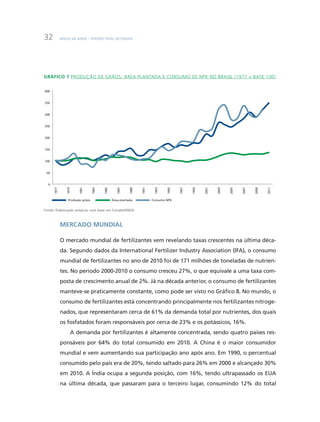 BNDES 60 ANOS – PERSPECTIVAS SETORIAIS32
Gráfico 7 Produção de grãos, área plantada e consumo de NPK no Brasil (1977 = base 100)
0
50
100
150
200
250
300
350
400
1977
1979
1981
1983
1985
1987
1989
1991
1993
1995
1997
1999
2001
2003
2005
2007
2009
2011
Produção grãos Área plantada Consumo NPK
Fonte: Elaboração própria, com base em Conab/ANDA.
Mercado mundial
O mercado mundial de fertilizantes vem revelando taxas crescentes na última déca-
da. Segundo dados da International Fertilizer Industry Association (IFA), o consumo
mundial de fertilizantes no ano de 2010 foi de 171 milhões de toneladas de nutrien-
tes. No período 2000-2010 o consumo cresceu 27%, o que equivale a uma taxa com-
posta de crescimento anual de 2%. Já na década anterior, o consumo de fertilizantes
manteve-se praticamente constante, como pode ser visto no Gráfico 8. No mundo, o
consumo de fertilizantes está concentrando principalmente nos fertilizantes nitroge-
nados, que representaram cerca de 61% da demanda total por nutrientes, dos quais
os fosfatados foram responsáveis por cerca de 23% e os potássicos, 16%.
A demanda por fertilizantes é altamente concentrada, sendo quatro países res-
ponsáveis por 64% do total consumido em 2010. A China é o maior consumidor
mundial e vem aumentando sua participação ano após ano. Em 1990, o percentual
consumido pelo país era de 20%, tendo saltado para 26% em 2000 e alcançado 30%
em 2010. A Índia ocupa a segunda posição, com 16%, tendo ultrapassado os EUA
na última década, que passaram para o terceiro lugar, consumindo 12% do total
 