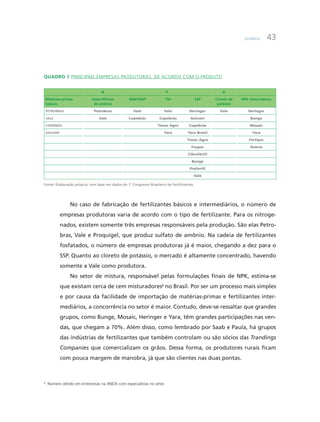 Química 43
Quadro 1 Principais empresas produtoras, de acordo com o produto
N P K
Matérias-primas
básicas
Ureia/Nitrato
de amônio
MAP/DAP TSP SSP Cloreto de
potássio
NPK misturadoras
Petrobras Petrobras Vale Vale Heringer Vale Heringer
Vale Vale Copebrás Copebrás Galvani Bunge
Copebrás Timac Agro Copebrás Mosaic
Galvani Yara Yara Brasil Yara
Timac Agro Fertipar
Fospar Outros
Cibrafértil
Bunge
Profertil
Vale
Fonte: Elaboração própria, com base em dados do 1º Congresso Brasileiro de Fertilizantes.
No caso de fabricação de fertilizantes básicos e intermediários, o número de
empresas produtoras varia de acordo com o tipo de fertilizante. Para os nitroge-
nados, existem somente três empresas responsáveis pela produção. São elas Petro-
bras, Vale e Proquigel, que produz sulfato de amônio. Na cadeia de fertilizantes
fosfatados, o número de empresas produtoras já é maior, chegando a dez para o
SSP. Quanto ao cloreto de potássio, o mercado é altamente concentrado, havendo
somente a Vale como produtora.
No setor de mistura, responsável pelas formulações finais de NPK, estima-se
que existam cerca de cem misturadores8
no Brasil. Por ser um processo mais simples
e por causa da facilidade de importação de matérias-primas e fertilizantes inter-
mediários, a concorrência no setor é maior. Contudo, deve-se ressaltar que grandes
grupos, como Bunge, Mosaic, Heringer e Yara, têm grandes participações nas ven-
das, que chegam a 70%. Além disso, como lembrado por Saab e Paula, há grupos
das indústrias de fertilizantes que também controlam ou são sócios das Trandings
Companies que comercializam os grãos. Dessa forma, os produtores rurais ficam
com pouca margem de manobra, já que são clientes nas duas pontas.
8
Número obtido em entrevistas na ANDA com especialistas no setor.
 