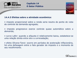 14.4.3 Efeitos sobre a atividade econômica: imposto proporcional sobre a renda seria neutra do ponto de vista do controle da demanda agregada; imposto progressivo exerce controle quase automático sobre a demanda; curva Lafer: quando a alíquota é relativamente baixa, estabelece-se uma relação direta entre ela e a arrecadação; efeito Olivera-Tanzi: ocorre em períodos de aceleração inflacionária, há uma defasagem entre o fato gerador do imposto e o momento de seu recolhimento. 