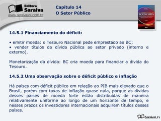 14.5.1 Financiamento do déficit: emitir moeda: o Tesouro Nacional pede emprestado ao BC; vender títulos da dívida pública ao setor privado (interno e externo). Monetarização da dívida: BC cria moeda para financiar a dívida do Tesouro. 14.5.2 Uma observação sobre o déficit público e inflação Há países com déficit público em relação ao PIB mais elevado que o Brasil, porém com taxas de inflação quase nula, porque as dívidas desses países de moeda forte estão distribuídas de maneira relativamente uniforme ao longo de um horizonte de tempo, e nesses prazos os investidores internacionais adquirem títulos desses países. 