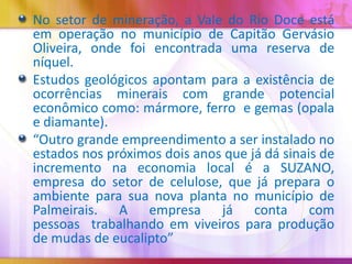 No setor de mineração, a Vale do Rio Doce está
em operação no município de Capitão Gervásio
Oliveira, onde foi encontrada uma reserva de
níquel.
Estudos geológicos apontam para a existência de
ocorrências minerais com grande potencial
econômico como: mármore, ferro e gemas (opala
e diamante).
“Outro grande empreendimento a ser instalado no
estados nos próximos dois anos que já dá sinais de
incremento na economia local é a SUZANO,
empresa do setor de celulose, que já prepara o
ambiente para sua nova planta no município de
Palmeirais. A empresa já conta com
pessoas trabalhando em viveiros para produção
de mudas de eucalipto”

 