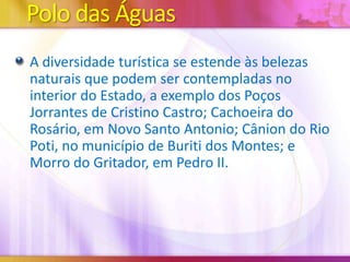 Polo das Águas
A diversidade turística se estende às belezas
naturais que podem ser contempladas no
interior do Estado, a exemplo dos Poços
Jorrantes de Cristino Castro; Cachoeira do
Rosário, em Novo Santo Antonio; Cânion do Rio
Poti, no município de Buriti dos Montes; e
Morro do Gritador, em Pedro II.

 