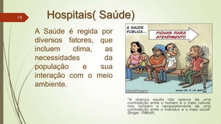 Hospitais( Saúde)
A Saúde é regida por
diversos fatores, que
incluem clima, as
necessidades da
população e sua
interação com o meio
ambiente.
“A doença resulta não apenas de uma
contradição entre o homem e o meio natural,
mas também e necessariamente de uma
contradição entre o indivíduo e o meio social”
(Singer, 1988;69).
19
 