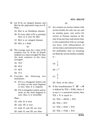 #7) ++
 .GV 4 DG CP KPVGITCN FQOCKP CPF                                   1T
    4=Z? DG VJG RQN[PQOKCN TKPI QXGT 4
    6JGP                                         #V C EGTVCKP ECT UGTXKEG UVCVKQP YKVJ

     # 4=Z? KU CP 'WENKFGCP FQOCKP                   UGTXKEG HCEKNKV[ HQT QPN[ QPG ECT CPF
                                                     PQ YCKVKPI URCEGГ ECTU CTTKXG HQT
     $ +H GXGT[ KFGCN QH 4 KU RTKPEKRCN
       VJGP UQ KU VTWG HQT 4=Z?                      UGTXKEG KP 2QKUUQP OCPPGT CV VJG
                                                     TCVG QH QPG RGT JQWT CPF UGTXKEG VKOG
     % 4=Z? KU CP KPVGITCN FQOCKP
                                                     KU CNUQ GZRQPGPVKCN YKVJ CP CXGTCIG
      4=Z? KU C HKGNF
                                                     QPG JQWTГ YKVJ KPFGRGPFGPEG QH
                   1T
                                                     UGTXKEG VKOGU CPF KPVGTCTTKXCN VKOGUГ
 6JG CXGTCIG UEQTG HQT C ENCUU QH               VJG RTQDCDKNKV[ VJCV CP KPEQOKPI
    UVWFGPVU YCU  +H VJG  HGOCNG
                                                     ECT HKPFU VJG UGTXKEG HCEKNKV[ CXCKNCDNG
    UVWFGPVU KP C ENCUU CXGTCIGF Г VJGP
    VJG OCNG UVWFGPVU KP VJG ENCUU                   KU 
    CXGTCIGF 
                                                            
     #                                            #
                                                            
     $ 
     %                                            $     G
      
                                                            
 %QPUKFGT VJG        HQNNQYKPI    VYQ              %
    UVCVGOGPVU                                             

     +   +H # KU C VTKCPIWNCT OCVTKZ CPF               0QPG QH VJG CDQXG
         PQ GPVT[ QP VJG OCKP FKCIQPCN
         KU GTQГ VJGP # KU UKPIWNCT             +H VJG VTCPUHQTOCVKQP 6  4P o 4
     ++ +H # KU VTKCPIWNCT OCVTKZ CPF CP             KU FGHKPGF D[ 6 :  : #:Г YJGTG #
        GPVT[ QP VJG OCKP FKCIQPCN KU                KU CP[ P ª P U[OOGVTKE OCVTKZГ VJGP
        GTQГ VJGP # KU KPXGTVKDNG                  6:         ; KU GSWCN VQ 
    6JGP 
                                                      #     6:      : #;    6;
     # QPN[ + KU VTWG
                                                      $     6:      6;
     $ QPN[ ++ KU VTWG
                                                      %     6:      : #;    6;
     % DQVJ + CPF ++ CTG VTWG
      DQVJ + CPF ++ CTG HCNUG                         6:          ; #:    6;

                                                                                    =261
 