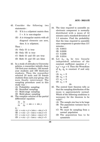 #7) ++

 %QPUKFGT            VJG   HQNNQYKPI   VYQ                          1T
     UVCVGOGPVU                                      6JG VKOG TGSWKTGF VQ CUUGODNG CP
                                                         GNGEVTQPKE EQORQPGPV KU PQTOCNN[
     +     +H # KU C PKNRQVGPV OCVTKZ VJGP
                                                         FKUVTKDWVGF YKVJ C OGCP QH 
           +    # KU PQP UKPIWNCT
                                                         OKPWVGU CPF C UVCPFCTF FGXKCVKQP QH
     ++    # KU VTKCPIWNCT OCVTKZ YKVJ CNN                OKPWVGU (KPF VJG RTQDCDKNKV[
           FKCIQPCN GNGOGPVU CTG GTQГ                   VJCV VJG VKOG TGSWKTGF VQ CUUGODNG
           VJGP # KU PKNRQVGPV                          PKPG EQORQPGPVU KU ITGCVGT VJCP 
     6JGP                                               OKPWVGU 
     # 1PN[ + KU VTWG                                     # 
                                                          $ 
     $ 1PN[ ++ KU VTWG
                                                          % 
     % $QVJ + CPF ++ CTG VTWG                              
      $QVJ + CPF ++ CTG HCNUG                        .GV I  Г I DG VYQ NKPGCTN[
                    1T                                   KPFGRGPFGPV UQNWVKQPU QH VJG
 +P C UVWF[ QH CVVKVWFGU VQ 7PKXGTUKV[                EQPUVCPV EQGHHKEKGPV GSWCVKQP [
    RQNKEKGUГ C TGUGCTEJGT KPKVKCNN[ EJQUG               C[ C[   6JGP VJG 9TQPUMKCP
     HKTUV [GCT UVWFGPVUГ  UGEQPF                  QH IГ I KU EQPUVCPV KH CPF QPN[
    [GCT UVWFGPVU CPF  VJKTF [GCT                     KH 
    UVWFGPVU 6JGP VJG TGUGCTEJGT
                                                          # C  
    UGNGEVGF  OCNG CPF  HGOCNG
                                                          $ C  
    UVWFGPVU HTQO GCEJ [GCT ITQWRГ YJQ
    YGTG HKPCNN[ KPVGTXKGYGF 6JG                         % C  
    UCORNKPI RTQEGFWTG WUGF KP VJKU                        C      
    UVWF[ YCU                                                         1T
     # 2TQDCDKNKV[ UCORNKPI                           6JG EGPVTCN NKOKV VJGQTGO VGNNU WU
     $ 5VTCVKHKGF UCORNKPI                               VJCV VJG UCORNKPI FKUVTKDWVKQP QH VJG
     % /WNVK UVCIG UCORNKPI                              OGCP KU CRRTQZKOCVGN[ PQTOCN
      /WNVK RJCUG UCORNKPI                              9JKEJ QH VJG HQNNQYKPI EQPFKVKQPU KU
 6JG EQORNGVG UQNWVKQP QH VJG RCTVKCN                 PGEGUUCT[ HQT VJG VJGQTGO VQ DG
    FKHHGTGPVKCN GSWCVKQP                                XCNKF !
          w       w                                     # 6JG UCORNG UKG JCU VQ DG NCTIG
               Г  UKP Z    UKP [
        wZ  w[                                            $ 6JG RQRWNCVKQP XCTKCPEG JCU VQ
     KU                                                      DG UOCNN
      # C Z [       UKP Z  UKP [       D               % 9G OWUV DG UCORNKPI HTQO C
      $   C Z  [  EQU Z EQU [         D                   PQTOCN RQRWNCVKQP
      %   C Z [  UKP Z  EQU [         D                6JG RQRWNCVKQP JCU VQ DG
         C Z  [  EQU Z  UKP [       D                   U[OOGVTKE

                                                
 