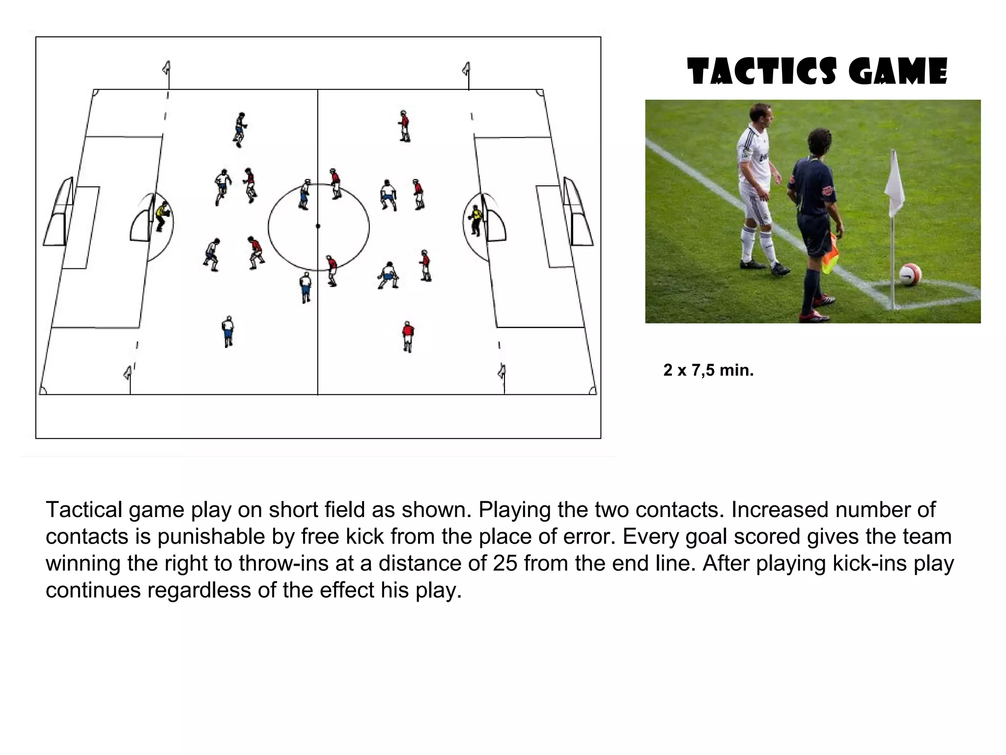 TACTICS GAME
2 x 7,5 min.
Tactical game play on short field as shown. Playing the two contacts. Increased number of
contacts is punishable by free kick from the place of error. Every goal scored gives the team
winning the right to throw-ins at a distance of 25 from the end line. After playing kick-ins play
continues regardless of the effect his play.
 