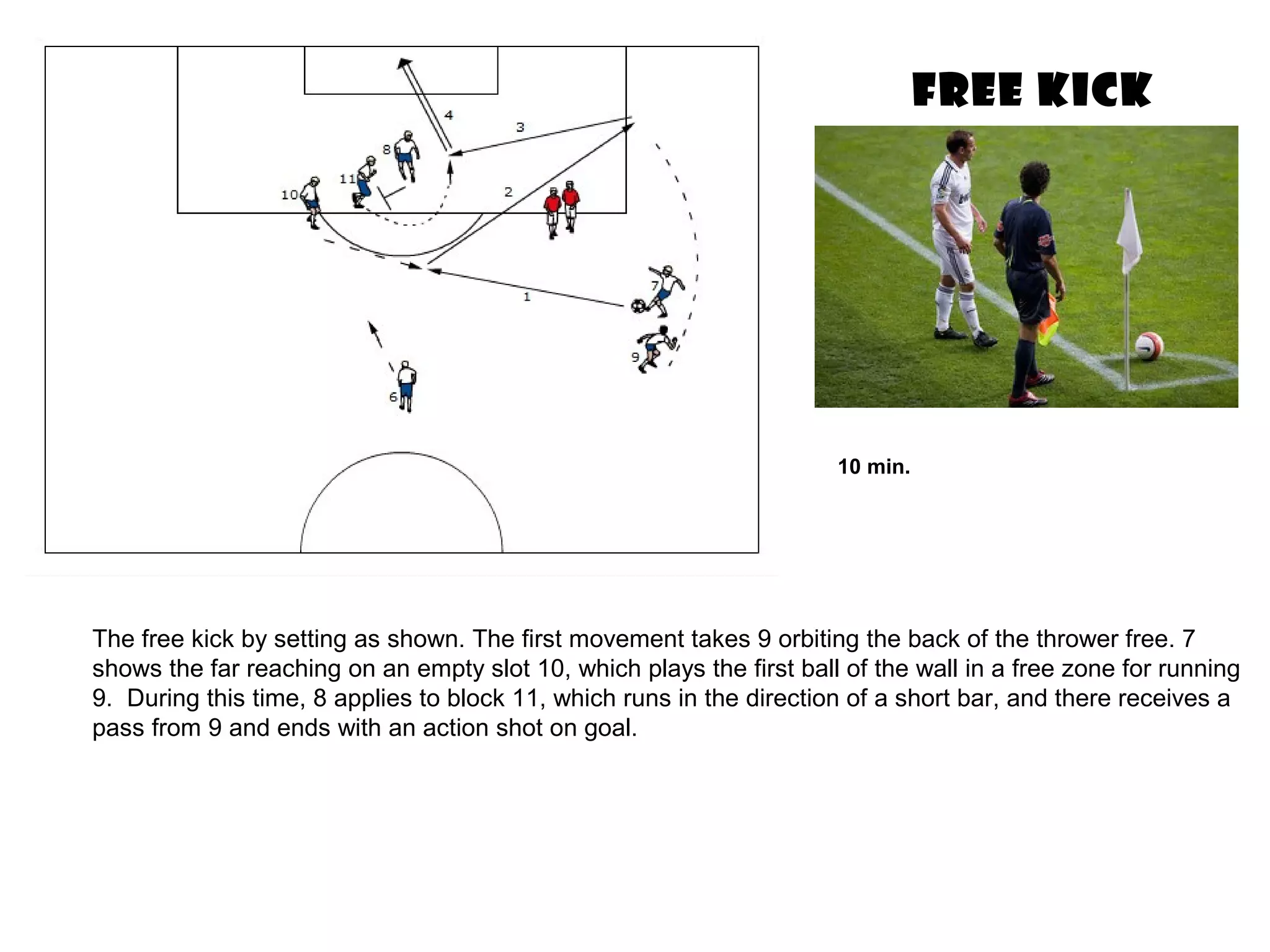 FREE KICK
The free kick by setting as shown. The first movement takes 9 orbiting the back of the thrower free. 7
shows the far reaching on an empty slot 10, which plays the first ball of the wall in a free zone for running
9. During this time, 8 applies to block 11, which runs in the direction of a short bar, and there receives a
pass from 9 and ends with an action shot on goal.
10 min.
 