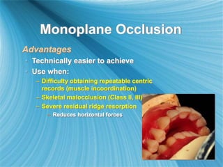 Monoplane Occlusion
Advantages
• Technically easier to achieve
• Use when:
– Difficulty obtaining repeatable centric
records (muscle incoordination)
– Skeletal malocclusion (Class II, III)
– Severe residual ridge resorption
– Reduces horizontal forces
 