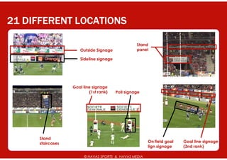 21 DIFFERENT LOCATIONS

                                                  Stand
                     Outside Signage              panel

                     Sideline signage




                  Goal line signage
                          (1st rank)    Poll signage




     Stand
     staircases                                        On field goal   Goal line signage
                                                       lign signage    (2nd rank)

                       © HAVAS SPORTS & HAVAS MEDIA
 
