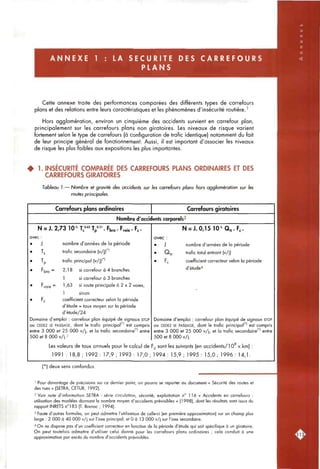 A N N E X E 1 LA S E C U R I T E DES C A R R E F O U R S
P L A N S
Cette annexe traite des performances comparées des différents types de carrefours
plans et des relations entre leurs caractéristiques et les phénomènes d'insécurité routière J
Hors agglomération, environ un cinquième des accidents survient en carrefour plan,
principalement sur les carrefours plans non giratoires. Les niveaux de risque varient
fortement selon le type de carrefours (à configuration de trafic identique) notamment du fait
de leur principe général de fonctionnement. Aussi, il est important d'associer les niveaux
de risque les plus faibles aux expositions les plus importantes.
^ 1. INSECURITE COMPAREE DES CARREFOURS PLANS ORDINAIRES ET DES
CARREFOURS GIRATOIRES
Tableau 1.— Nombre et gravité des accidents sur les carrefours plans hors agglomération sur les
routes principales.
Carrefours plans ordinaires Carrefours giratoires
Nombre d'accidents corporels^
N = J.2,73 10'V"Tp°='.Fb,a.Fvoie.F,.
avec :
• J nombre d'années de la période
• Tj trafic secondaire (v/j)' '
• Tp trafic principal (v/j)'*'
• F|-|^|-| = 2,18 si carrefour à 4 branches
1 si carrefour à 3 branches
• FyQjg = 1,63 si route principale à 2 x 2 voies.
1 sinon
• Fj- coefficient correcteur selon la période
d'étude = taux moyen sur la période
d'étude/24
Domaine d'emploi : carrefour plan équipé de signaux STOP
ou CEDEZ LE PASSAGE, dont le trafic principal' ' est compris
entre 3 000 et 25 000 v/j, et la trafic secondaire'*' entre
500 et 8 000 v / j . '
Les valeurs de taux annuels pour le calcul de
1991 : 1 8 , 8 ; 1992 : 1 7 , 9 ; 1993 : 1 7 , 0 ;
N = J.0,15 1 0 ' Q ^ . F , .
avec :
• J nombre d'années de la période
• Qjg trafic total entrant (v/j)
• Fj coefficient correcteur selon la période
d'étude^
Domaine d'emploi : carrefour plan équipé de signaux STOP
ou CEDEZ LE PASSAGE, dont le trafic principal' ' est compris
entre 3 000 et 25 000 v/j, et la trafic secondaire' ' entre
500 et 8 000 v/j.
F^ sont les suivants (en cccidents/lO v.km) :
1 9 9 4 : 1 5 , 9 ; 1995 : 1 5 , 0 ; 1 9 9 6 : 1 4 , 1 .
(*) deux sens confondus.
' Pour davantage de précisions sur ce dernier point, on pourra se reporter au document « Sécurité des routes et
des rues » (SETRA, CETUR, 1992).
2 Voir note d'informotion SETRA - série circulofion, sécurité, exploitation n° ) 16 « Accidents en carrefours :
utilisation des modèles donnant le nombre moyen d'accidents prévisibles » (1998), dont les résultats sont issus du
rapport INRETS n°185 (T. Brenac ; 1994).
3 Faute d'autres formules, on peut admettre l'utilisation de celle-ci (en première approximation) sur un champ plus
large : 2 0 0 0 à 4 0 0 0 0 v/j sur l'axe principal, et 0 à 13 0 0 0 v/j sur l'axe secondaire.
•^ On ne dispose pas d'un coefficient correcteur en fonction de la période d'étude qui soit spécifique à un giratoire.
On peut toutefois admettre d'utiliser celui donné pour les carrefours plans ordinaires ; cela conduit à une
approximation par excès du nombre d'accidents prévisibles.
 