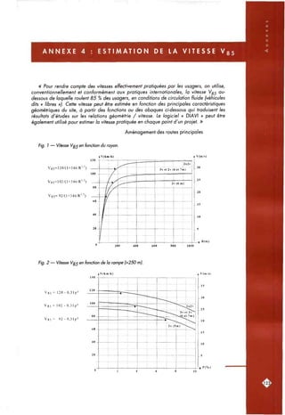 A N N E X E 4 : E S T I M A T I O N DE LA VITESSE Vgs
« Pour rendre compte des vitesses effectivement pratiquées par les usagers, on utilise,
conventionnellement et conformément aux pratiques internationales, la vitesse Vg^ au-
dessous de laquelle roulent 85 % des usagers, en conditions de circulation fluide (véhicules
dits « libres »j. Cette vitesse peut être estimée en fonction des principales caractéristiques
géométriques du site, à partir des fonctions ou des abaques ci-dessous qui traduisent les
résultats d'études sur les relations géométrie / vitesse. Le logiciel « DIAVI » peut être
également utilisé pour estimer la vitesse pratiquée en chaque point d'un projet. »
Aménagement des routes principales
Fig. 7 — Vitesse Vg^ en fonction du rayon
tV(kin/h)
no -
V 8 5 = 1 2 0 / ( 1 + 3 4 6 / R ' ' ' )
V 8 5 = 1 0 2 / ( 1 + 3 4 6 / R ' ' ' )
V 8 5 = 9 2 / ( 1 + 3 4 6 / R ' - ' )
i V(mls)
-• R(ni)
200 400 «00 800 1000
Fig. 2 — Vitesse Vgj en fonction de la rampe l>250 m).
» V(kiii/h)
V85 = 120 - 0,3Ip =
Vss = 102 - 0,31p^
V85 = 92 - 0,31p^
V(in/s)
> P(%)
L123:
 
