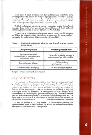 Si une section de type T est créée à partir d'une section de route existante, les points
d'échange et les accès doivent être traités de façon cohérente : dénivellation (avec ou
sans échange) ou suppression du carrefour et rabattement sur un carrefour voisin,
suppression des accès riverains, désenclavement et aménagement d'une éventuelle
voirie parallèle (pour les usagers non autorisés à utiliser la route).
A défaut, en l'absence des moyens financiers nécessaires, on peut éventuellement
envisager de ne traiter qu'une sous-section, clairement bornée, de façon totalement
cohérente, conformément à ce qui vient d'être dit (voir A.R.P., 1.2.b).
En aucun cas, on ne peut admettre de déniveler les principaux points d'échange tout
en différant les autres dispositions (dénivellation ou suppression des autres carrefours,
suppression des accès riverains, désenclavement et voirie parallèle).
Tableau / — Récapitulatif des aménagements adaptés aux routes de type T, et de leurs conditions
générales d'emploi.
Aménagements possibles
Suppression du carrefour
(rabattement sur un voisin giratoire ou
un échangeur voisin)
Dénivellation sans échange
Carrefour dénivelé (échangeur)
Conditions générales d'emploi
Faible trafic secondaire, existence ou
aménagement d'une voirie parallèle
Trafic secondaire
principalement traversier
Fort trafic, échanges importants
Exception : carrefour giratoire en fin d'aménagement.
• 3.4.3. ROUTES DE TYPE R
« Les routes de type R supportent un trafic de longue distance, sans que celui<i soit
privilégié par rapport au trafic de plus courte distance pour lequel la desserte et la
commodité des mouvements d'échange sont importantes. Des accès riverains, à des
propriétés généralement non bâties, peuvent être admis (sauf lorsque les conditions de
sécurité ne sont pas remplies : visibilité insuffisante par exemple) et les points
d'échanges doivent être nombreux. Les aménagements les mieux adaptés à ces
contraintes sont les carrefours plans, giratoires ou non (croix, té). Un carrefour dénivelé
peut être exceptionnellement justifié (cas de saturation d'un carrefour giratoire, etc.), de
même que la suppression ou le déplacement du carrefour (en cas de problème de
sécurité lié à son implantation). » (Aménagement des Routes Principales)
En outre, sur les routes à 2 x 2 voies de type R, les carrefours plans ordinaires sont
systématiquement traités en demi<arrefours. Les lieux où sont reportés l'ensemble des
échanges sont traités en carrefours à sens giratoire.
J9^
 