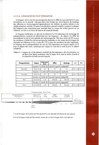 • 2.5.4. LONGUEUR DE L'ILOT SEPARATEUR
La longueur de la voie de tourne-à-gaucfie (hormis le sifflet de raccordement) n'a pas
d'incidence sur la sécurité ; elle peut donc être limitée aux stricts besoins de stockage
des véhicules en tourne-à-gouche (généralement très faibles), et parfois réduite à une
simple protection centrale. D'autres considérations peuvent toutefois conduire à adopter
des longueurs plus importantes (par exemple liées ou niveau de confort garanti sur un
itinéraire, ou bien à un choix de réserve de capacité élevée).
La longueur totale (pour un sens de circulation) d'un îlot séparateur (le marquage de
présignalisation compris) est déterminée par les longueurs : du déport, du sifflet de
raccordement et de la voie spéciale de tourne-à-gauche. Elle peut varier de 90 m pour
les carrefours à faible flux de tourne-à-gouche implantés sur les routes dont la largeur de
chaussée est inférieure à 6 m, à plus de 170 m pour les carrefours les plus importants.
La longueur de la présignalisation du nez de l'îlot séparateur est toujours égale à L/2
pour un déport des voies, symétrique par rapport à l'axe de la route (L pour un déport
unilatéral).
Tableau 6 — Longueur (en mj des éléments constitutifs des îlots séparateurs, dans les principaux cas
de figure (avec déport symétrique), selon la largeur de la route en section courante et
la composition du trafic tournant à gauche.
Présignalisation Déport
Alignement
droit
Sifflet Stockage
Chaussée < 6 m (trafic de PL tournant à gauche négligeable)
39 à 58,5
39 à 58,5
C
58,5
C
58,5
10,5 à 16 10 15 15
Chaussée < 6 m (trafic de PL tournant à gauche significatif)
10,5 à 16 10 15 25
-haussée > 6 m (trafic de PL tournant à gauche négligeable)
16,5 à 22,5 > 10 20 à 30 20 6 50
Ihaussée > 6 m (trafic de PL tournant à gauche négligeable)
16,5 à 22,5 > 10 20 6 30 40 6 60
0® b@
0,25à 1,10 3,00 0 3,85
0,25 à 1,10 3,25 0 4,10
0,25 à 2,00 3,25 à 5,00
0,25 à 1,75 3,50 à 5,00
Longueur totale : 90 à 170 m
Présignalisation L/2
39 à 58,50 m
Déport 1/15° A.D.
10,5 à 22,5 m >10m
025ài_L
2,75 à 3,25 _ y à5
1,60 à
2,00 m
S) a est la largeur de la partie de l'îlot séparant la voie spéciale et la filante de sens opposé.
® b est la largeur totale de l'îlot central, somnne de a et de la largeur de la voie spéciale.
.45:
 