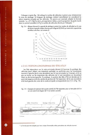 L'abaque ci-après (fig. 14) indique le nombre de véhicules à prévoir pour dimensionner
la zone de stockage. La longueur de stockage s'obtient naturellement en considérant la
place moyenne occupée par les véhicules. On pourra par exemple adopter la formule
suivante : Lj = (7+10p).N5 (où Lj est exprimé en mètres, p est la proportion de poids lourds
dans le courant considéré, et N j le nombre de véhicules donné par l'abaque). 23
Fig. 14 —/Abaque donnant la capacité de stockage à prévoir (en nombre de véhicules) sur la voie
de tourne-à-gauche (valeurs fournies par le logiciel OCTAVE qui traite de la capacité des
carrefours sans feux, voir annexe 2).
0 100 200 300 400 500 600 700 800 900 1000 1100 1200
Trafic de sens opposé sur l'axe principal (v/h)
• 2.5.5. POSITION LONGITUDINALE DES TETES D'ILOT
Les îlots séparateurs sur la voie principale doivent (i) favoriser le guidage des
véhicules (pour obtenir une trajectoire optimale), en particulier pour les mouvements
tournant à gauche (de la voie secondaire vers la voie principale ou l'inverse), et (ii) ne
pas se trouver sur les trajectoires des véhicules de la voie secondaire en mouvement
direct ou de tourne-à-gauche. En pratique, la position des têtes d'îlot est donnée par le
point de tangence entre les cercles de giration de l'îlot séparateur de la voie secondaire
et le bord gauche des voies de la route principale correspondante (voir 3.2. et fig. 15).
Fig. 15 — Exemple de traitement de la partie centrale de l'îlot séparateur pour un terre-plein de 5 m
sur une route d'une largeur de 7 m en section courante.
' 0,30 mini
23 La formule peut être adaptée pour tenir compte d'éventuelles tailles particulières des véhicules tournant.
 