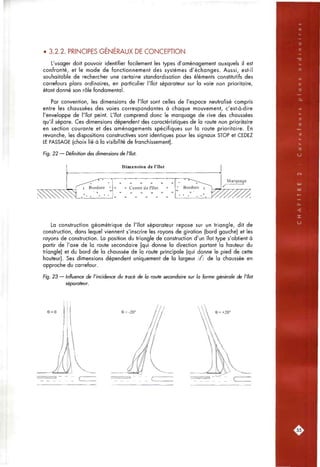 ï;.-,.-.,-*-^^ <•>•.}»'
• 3.2.2. PRINCIPES GENERAUX DE CONCEPTION
L'usager doit pouvoir identifier facilement les types d'aménagement auxquels il est
confronté, et le mode de fonctionnement des systèmes d'échanges. Aussi, est-il
souhaitable de rechercher une certaine standardisation des éléments constitutifs des
carrefours plans ordinaires, en particulier l'îlot séparateur sur la voie non prioritaire,
étant donné son rôle fondamental.
Par convention, les dimensions de l'îlot sont celles de l'espace neutralisé compris
entre les chaussées des voies correspondantes à chaque mouvement, c'est-à-dire
l'enveloppe de l'îlot peint. L'îlot comprend donc le marquage de rive des chaussées
qu'il sépare. Ces dimensions dépendent des caractéristiques de la route non prioritaire
en section courante et des aménagements spécifiques sur la route prioritaire. En
revanche, les dispositions constructives sont identiques pour les signaux STOP et CEDEZ
LE PASSAGE (choix lié à la visibilité de franchissement).
Fig. 22 — Définition des dimensions de l'îlot.
Dimension de l'îlot
M- vk Vf .*'
^ Centre de l'îlot
sf ^ ^ ^
.^ .^ ^ %^
Bordure ^ |_^
Marquage
La construction géométrique de l'îlot séparateur repose sur un triangle, dit de
construction, dans lequel viennent s'inscrire les rayons de giration (bord gauche) et les
rayons de construction. La position du triangle de construction d'un îlot type s'obtient à
partir de l'axe de la route secondaire (qui donne la direction portant la hauteur du
triangle) et du bord de la chaussée de la route principale (qui donne le pied de cette
hauteur). Ses dimensions dépendent uniquement de la largeur ifl de la chaussée en
approche du carrefour.
Fig. 23 — Influence de l'incidence du tracé de la route secondaire sur la forme générale de l'îlot
séparateur.
55^
 