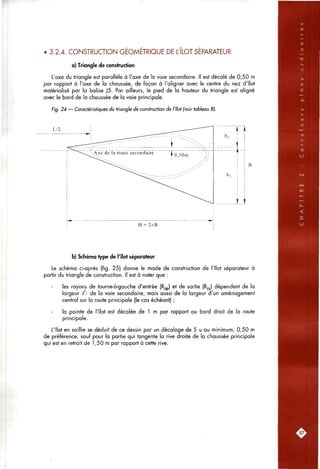 .-.'•: f
• 3.2.4. CONSTRUCTION GEOMETRIQUE DE L'ILOT SEPARATEUR
a) Triangle de construction
L'axe du triangle est parallèle à l'axe de la voie secondaire. Il est décalé de 0,50 m
par rapport à l'axe de la chaussée, de façon à l'aligner avec le centre du nez d'îlot
matérialisé par la balise J5. Par ailleurs, le pied de la hauteur du triangle est aligné
avec le bord de la chaussée de la voie principale.
Fig. 24 — Caractéristiques du triangle de construction de l'îlot (voir tableau 8).
b) Schéma type de l'îlot séparateur
Le schéma ci-après (fig. 25) donne le mode de construction de l'îlot séparateur à
partir du triangle de construction. Il est à noter que :
les rayons de tourne-à-gouche d'entrée (Rjg) et de sortie (Rjj) dépendent de la
largeur ifl de la voie secondaire, mais aussi de la largeur d'un aménagement
central sur la route principale (le cas échéant) ;
la pointe de l'îlot est décalée de 1 m par rapport au bord droit de la route
principale.
L'îlot en saillie se déduit de ce dessin par un décalage de 5 u au minimum, 0,50 m
de préférence, sauf pour la partie qui tangente la rive droite de la chaussée principale
qui est en retrait de 1,50 m par rapport à cette rive.
.57:
 