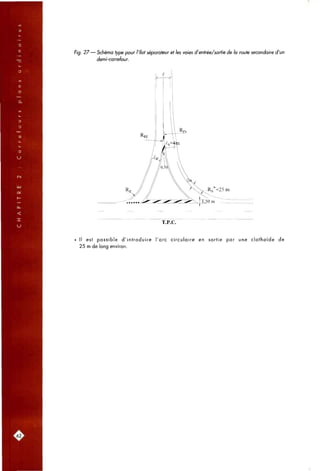 Fig. 27 — Schéma type pour l'îlot séparateur et les voies d'entrée/sortie de la route secondaire d'un
demi-carrefour.
T.P.C.
Il est possible d'introduire l'arc circulaire en sortie par une clothoïde de
25 m de long environ.
.62,
 
