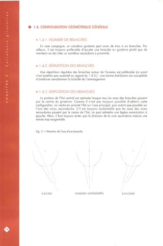 • 1.4. CONFIGURATION GÉOMÉTRIQUE GÉNÉRALE
1.4.1. NOMBRE DE BRANCHES
En rase campagne, un carrefour giratoire peut avoir de trois à six branches. Par
ailleurs, il est toujours préférable d'ajouter une branche au giratoire plutôt que de
maintenir ou de créer un carrefour secondaire à proximité.
• 1.4.2. REPARTITION DES BRANCHES
Une répartition régulière des branches autour de l'anneau est préférable (ce point
n'est toutefois pas essentiel au regard du 1.4.3.) : une bonne distribution est susceptible
d'améliorer sensiblement la lisibilité de l'aménagement.
• 1.4.3. DISPOSITION DES BRANCHES
La position de l'îlot central est optimale lorsque tous les axes des branches passent
par le centre du giratoire. Comme il n'est pas toujours possible d'obtenir cette
configuration, on centre en priorité l'îlot sur l'axe principal, puis autant que possible sur
l'axe des voies secondaires. S'il est toujours souhaitable que les axes des voies
secondaires passent par le centre de l'îlot, on peut admettre une légère excentration à
gauche. Mais, il faut toujours éviter que la direction de la voie secondaire induise une
entrée trop tangentielle.
Fig. 3 — Direction de l'axe d'une branche.
a éviter toujours souhaitable à exclure
74,
 