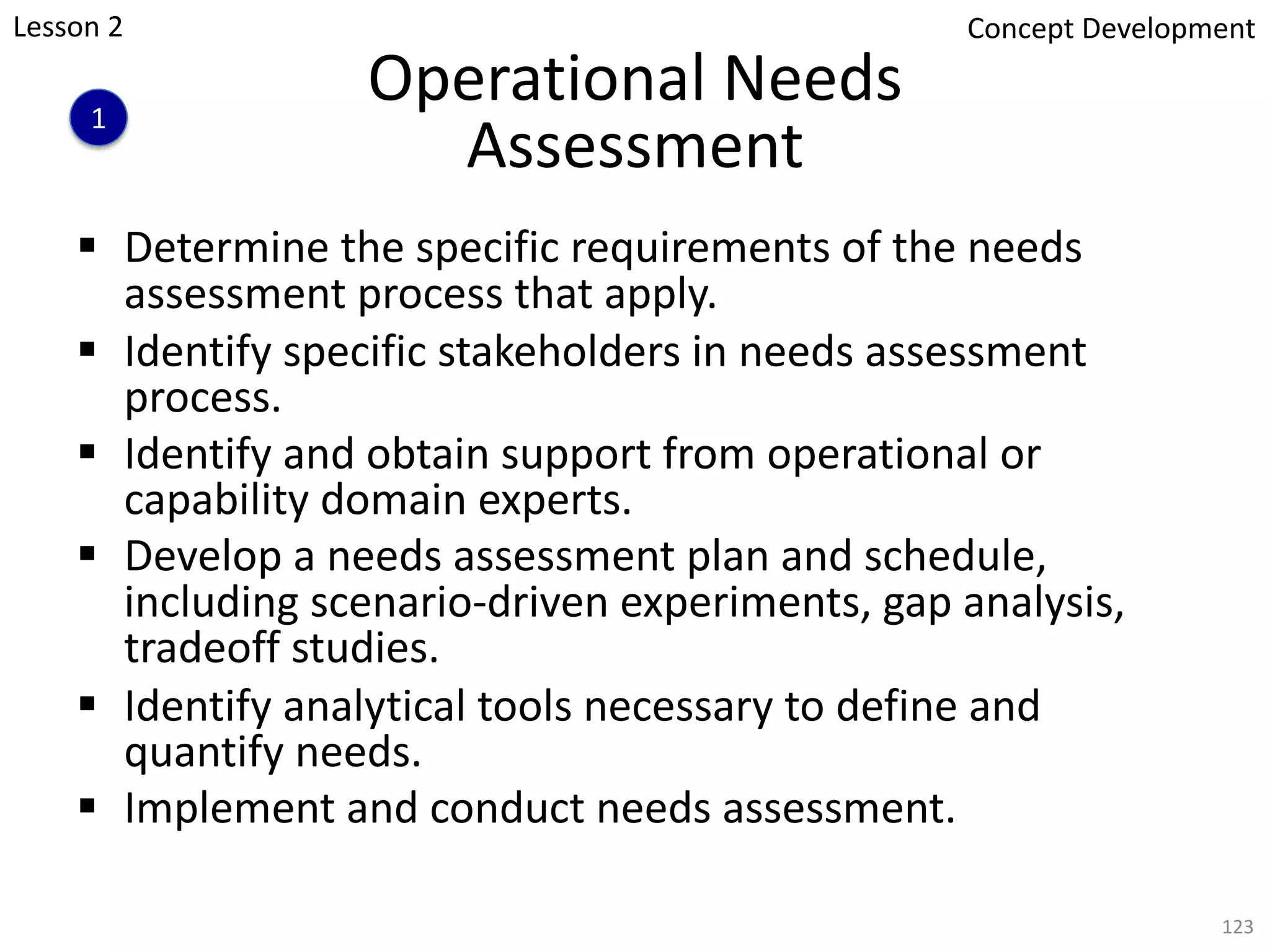 Operational Needs
Assessment
§ Determine the specific requirements of the needs
assessment process that apply.
§ Identify specific stakeholders in needs assessment
process.
§ Identify and obtain support from operational or
capability domain experts.
§ Develop a needs assessment plan and schedule,
including scenario-driven experiments, gap analysis,
tradeoff studies.
§ Identify analytical tools necessary to define and
quantify needs.
§ Implement and conduct needs assessment.
123
1
Concept Development
Lesson 2
 