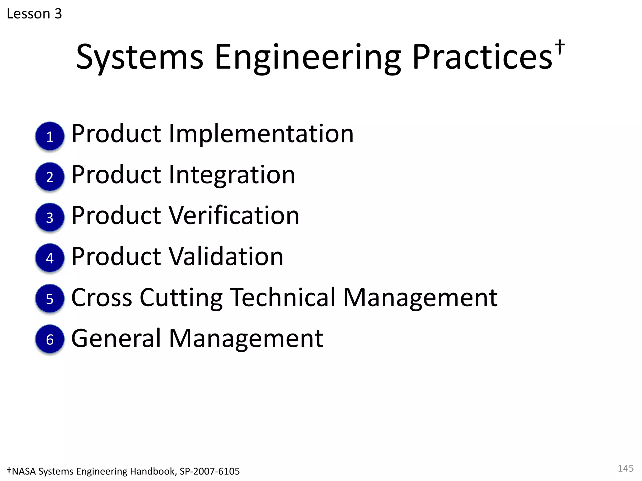 Systems Engineering Practices†
Product Implementation
Product Integration
Product Verification
Product Validation
Cross Cutting Technical Management
General Management
145
Lesson 3
1
2
3
4
5
6
†NASA Systems Engineering Handbook, SP-2007-6105
 