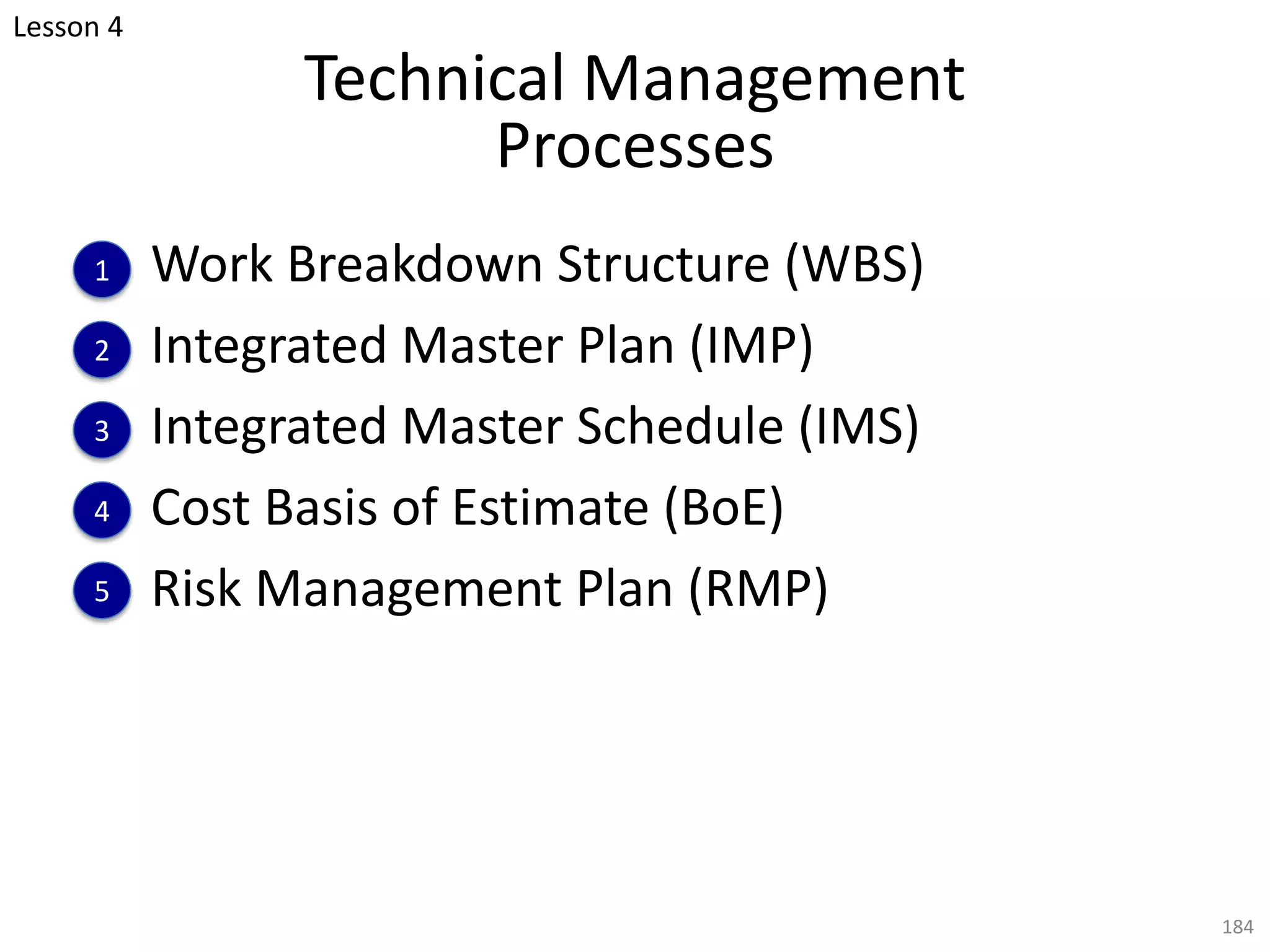 Technical Management
Processes
Work Breakdown Structure (WBS)
Integrated Master Plan (IMP)
Integrated Master Schedule (IMS)
Cost Basis of Estimate (BoE)
Risk Management Plan (RMP)
184
Lesson 4
1
2
3
4
5
 