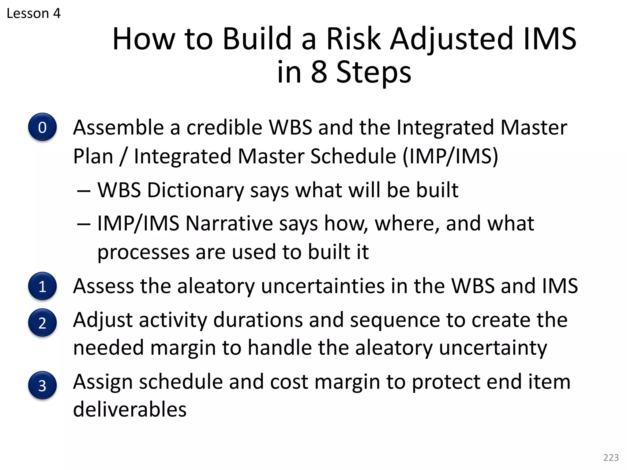 Assemble a credible WBS and the Integrated Master
Plan / Integrated Master Schedule (IMP/IMS)
– WBS Dictionary says what will be built
– IMP/IMS Narrative says how, where, and what
processes are used to built it
Assess the aleatory uncertainties in the WBS and IMS
Adjust activity durations and sequence to create the
needed margin to handle the aleatory uncertainty
Assign schedule and cost margin to protect end item
deliverables
223
How to Build a Risk Adjusted IMS
in 8 Steps
0
1
2
3
Lesson 4
 