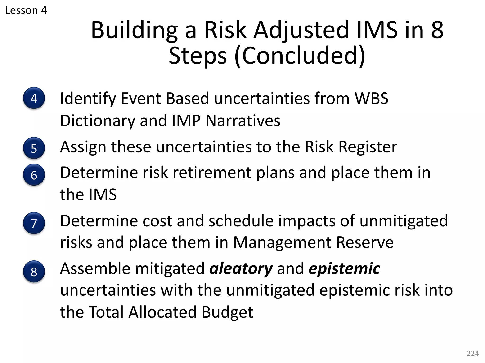Identify Event Based uncertainties from WBS
Dictionary and IMP Narratives
Assign these uncertainties to the Risk Register
Determine risk retirement plans and place them in
the IMS
Determine cost and schedule impacts of unmitigated
risks and place them in Management Reserve
Assemble mitigated aleatory and epistemic
uncertainties with the unmitigated epistemic risk into
the Total Allocated Budget
224
Building a Risk Adjusted IMS in 8
Steps (Concluded)
4
5
6
7
8
Lesson 4
 