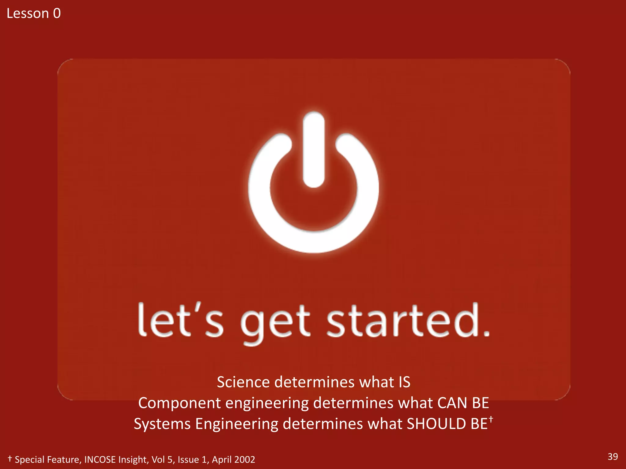 Lesson 0
39
Science determines what IS
Component engineering determines what CAN BE
Systems Engineering determines what SHOULD BE†
† Special Feature, INCOSE Insight, Vol 5, Issue 1, April 2002
 