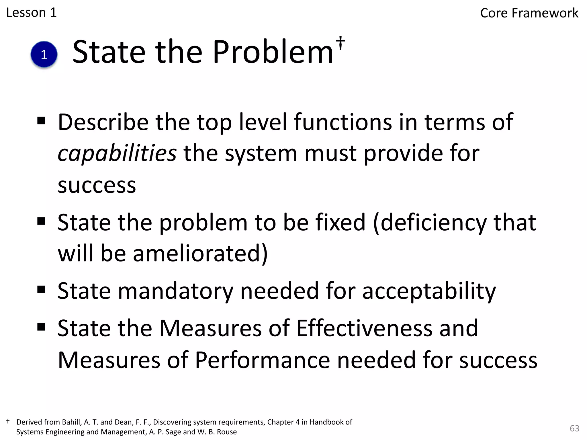 State the Problem†
§ Describe the top level functions in terms of
capabilities the system must provide for
success
§ State the problem to be fixed (deficiency that
will be ameliorated)
§ State mandatory needed for acceptability
§ State the Measures of Effectiveness and
Measures of Performance needed for success
1
63
Lesson 1 Core Framework
† Derived from Bahill, A. T. and Dean, F. F., Discovering system requirements, Chapter 4 in Handbook of
Systems Engineering and Management, A. P. Sage and W. B. Rouse
 