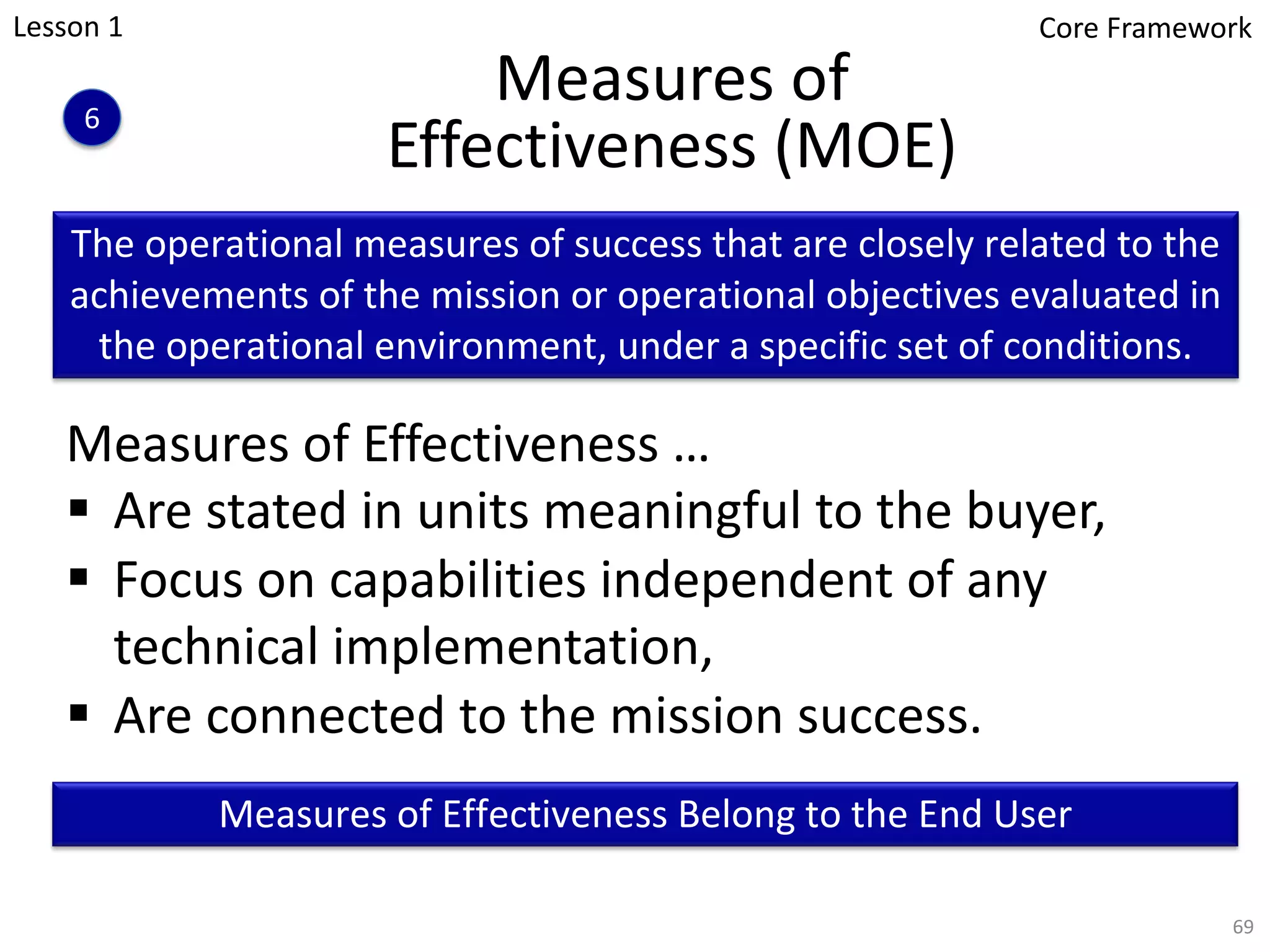 Measures of
Effectiveness (MOE)
69
Measures of Effectiveness …
§ Are stated in units meaningful to the buyer,
§ Focus on capabilities independent of any
technical implementation,
§ Are connected to the mission success.
The operational measures of success that are closely related to the
achievements of the mission or operational objectives evaluated in
the operational environment, under a specific set of conditions.
Measures of Effectiveness Belong to the End User
Lesson 1
6
Core Framework
 